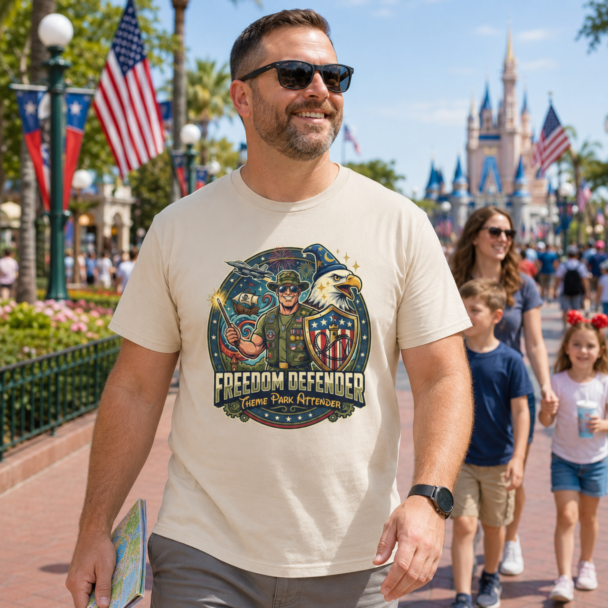 Freedom Defender Theme Park Attender Veteran Shirt, Military Family Vacation Tee, Patriotic Park Gift