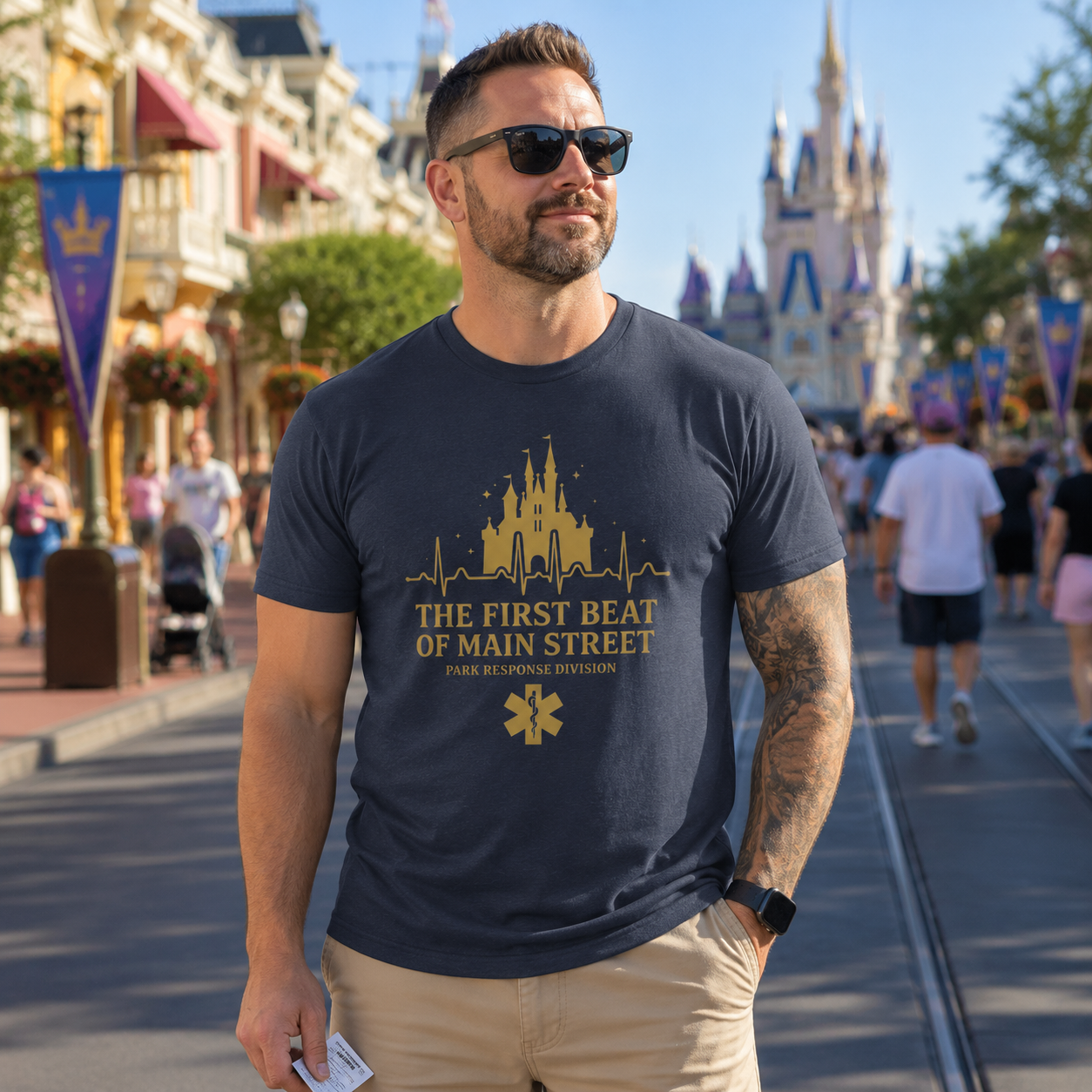 The First Beat of Main Street EMS First Responder Theme Park T-Shirt