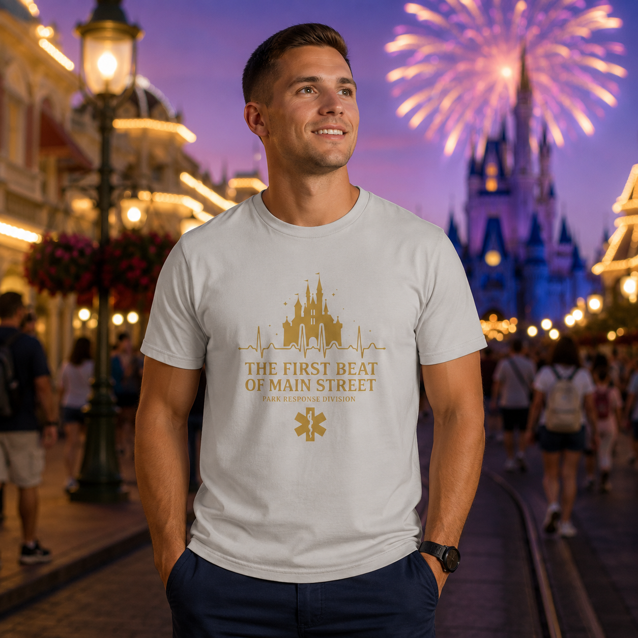 The First Beat of Main Street EMS First Responder Theme Park T-Shirt