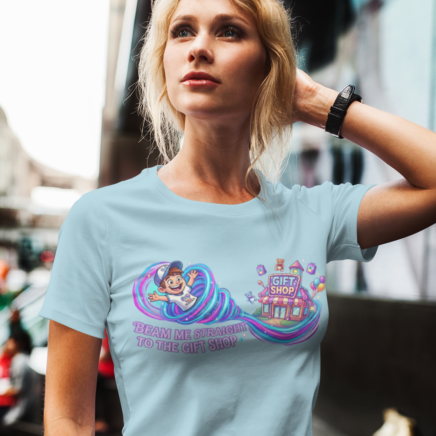 Beam Me Straight to the Gift Shop Graphic T-Shirt – Funny Theme Park Tee