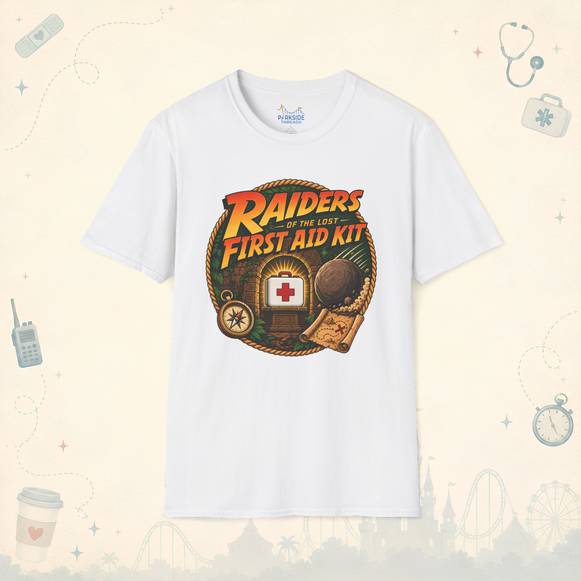Raiders of the Lost First Aid Kit EMS Adventure Parody T-Shirt
